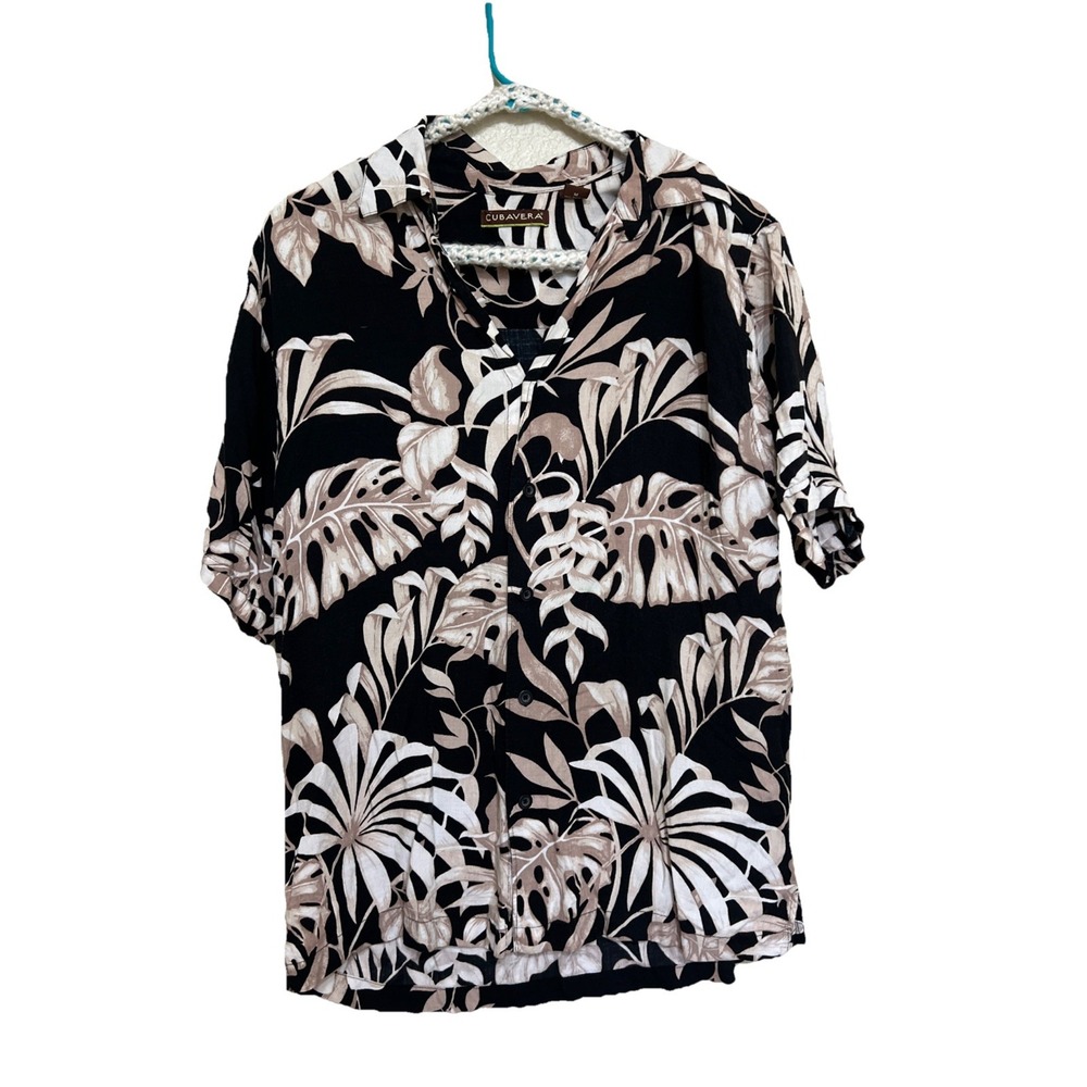 Cubavera Button-Down Shirt Men's M, Med Black‎ White Leaves Short Sleeve Viscose